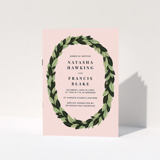 Wedding Order Of Service Design - "Thick Classic Wreath" A wedding order of service template titled "Thick Classic Wreath". It is an A5 booklet in a portrait orientation. "Thick Classic Wreath" is available as a folded booklet booklet, with tones of pink, dark green and light green.