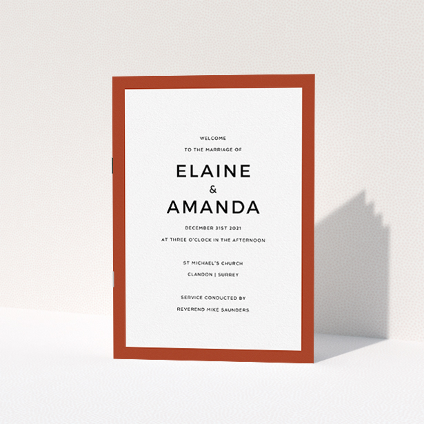 A wedding order of service template titled "Thick Dark Ochre Classic". It is an A5 booklet in a portrait orientation. "Thick Dark Ochre Classic" is available as a folded booklet booklet, with mainly dark orange colouring.
