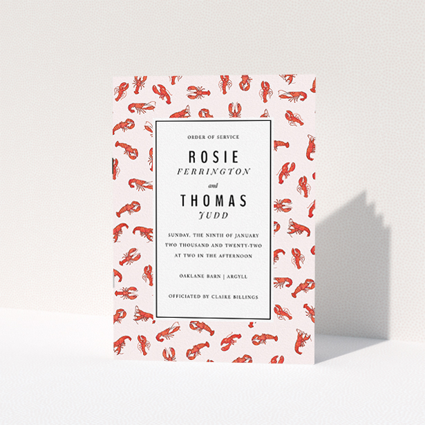 A wedding order of service design called "Tiny, Tiny Lobsters". It is an A5 booklet in a portrait orientation. "Tiny, Tiny Lobsters" is available as a folded booklet booklet, with tones of red and pink.