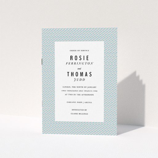 Wedding Order Of Service Design - "Tiny, Tiny Sealions" A wedding order of service named "Tiny, Tiny Sealions". It is an A5 booklet in a portrait orientation. "Tiny, Tiny Sealions" is available as a folded booklet booklet, with tones of blue and pink.