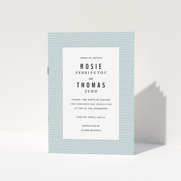 A wedding order of service named "Tiny, Tiny Sealions". It is an A5 booklet in a portrait orientation. "Tiny, Tiny Sealions" is available as a folded booklet booklet, with tones of blue and pink.