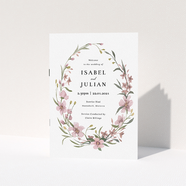 A wedding order of service design called "True Watercolour Cover". It is an A5 booklet in a portrait orientation. "True Watercolour Cover" is available as a folded booklet booklet, with tones of faded pink and autumnal green.