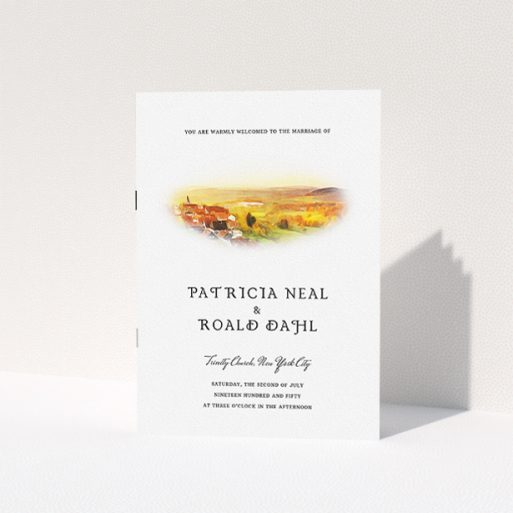 Wedding Order Of Service Design - "Village Window" A wedding order of service design named "Village Window". It is an A5 booklet in a portrait orientation. "Village Window" is available as a folded booklet booklet, with tones of yellow, orange and brown.