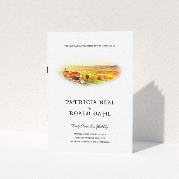 A wedding order of service design named "Village Window". It is an A5 booklet in a portrait orientation. "Village Window" is available as a folded booklet booklet, with tones of yellow, orange and brown.