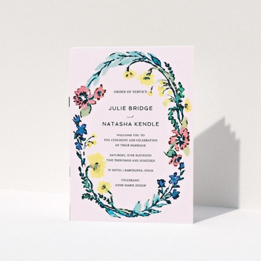 Wedding Order Of Service Design - "Vintage Floral" A wedding order of service design called "Vintage Floral". It is an A5 booklet in a portrait orientation. "Vintage Floral" is available as a folded booklet booklet, with tones of light pink and red.