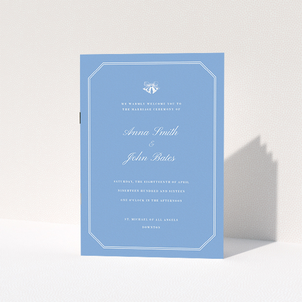 A wedding order of service called "Wedding bells". It is an A5 booklet in a portrait orientation. "Wedding bells" is available as a folded booklet booklet, with tones of blue and white.
