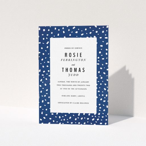 Wedding Order Of Service Design - "White on Blue Polka dots" A wedding order of service template titled "White on Blue Polka dots". It is an A5 booklet in a portrait orientation. "White on Blue Polka dots" is available as a folded booklet booklet, with mainly blue colouring.