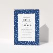 A wedding order of service template titled "White on Blue Polka dots". It is an A5 booklet in a portrait orientation. "White on Blue Polka dots" is available as a folded booklet booklet, with mainly blue colouring.
