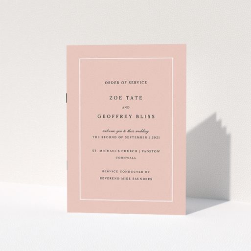 Wedding Order Of Service Design - "White on Pink Traditional" A wedding order of service design titled "White on Pink Traditional". It is an A5 booklet in a portrait orientation. "White on Pink Traditional" is available as a folded booklet booklet, with tones of pink and white.