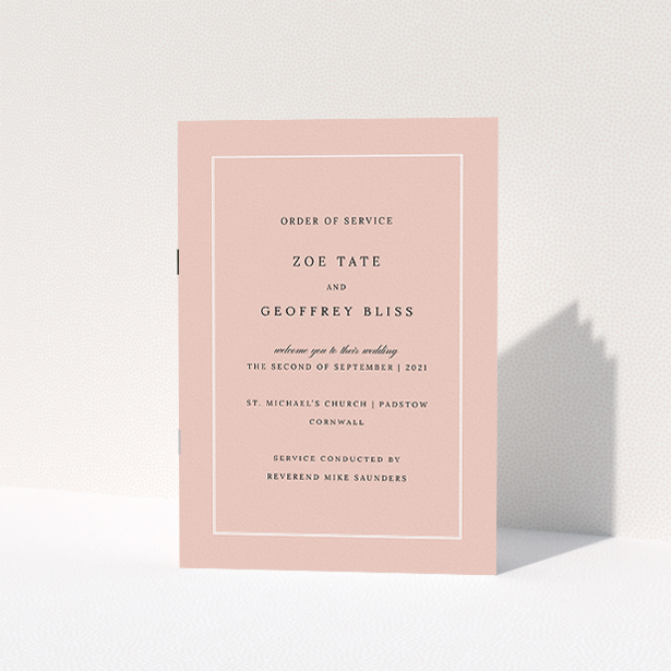 A wedding order of service design titled "White on Pink Traditional". It is an A5 booklet in a portrait orientation. "White on Pink Traditional" is available as a folded booklet booklet, with tones of pink and white.