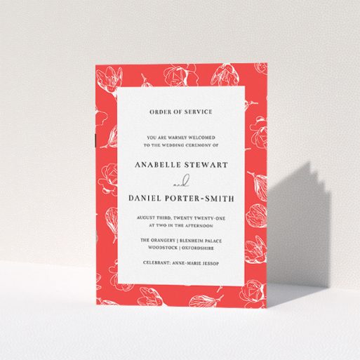 Wedding Order Of Service Design - "White on Red Buds" A wedding order of service design called "White on Red Buds". It is an A5 booklet in a portrait orientation. "White on Red Buds" is available as a folded booklet booklet, with tones of red and white.
