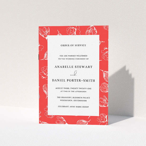 A wedding order of service design called "White on Red Buds". It is an A5 booklet in a portrait orientation. "White on Red Buds" is available as a folded booklet booklet, with tones of red and white.