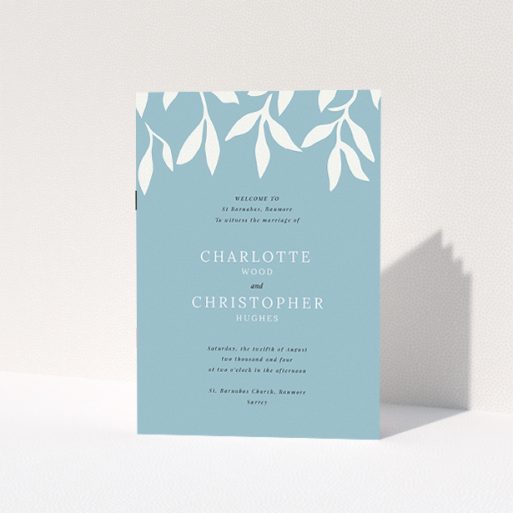 Wedding Order Of Service Design - "Winter bloom" A wedding order of service named "Winter bloom". It is an A5 booklet in a portrait orientation. "Winter bloom" is available as a folded booklet booklet, with tones of blue and white.