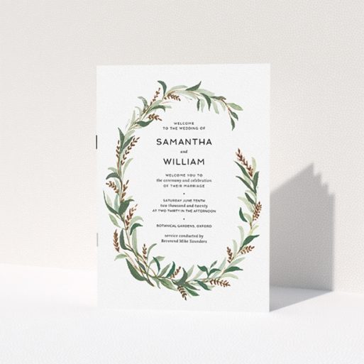Wedding Order Of Service Design - "Winter Wreath" A wedding order of service design named "Winter Wreath". It is an A5 booklet in a portrait orientation. "Winter Wreath" is available as a folded booklet booklet, with tones of faded green, light brown and light green.