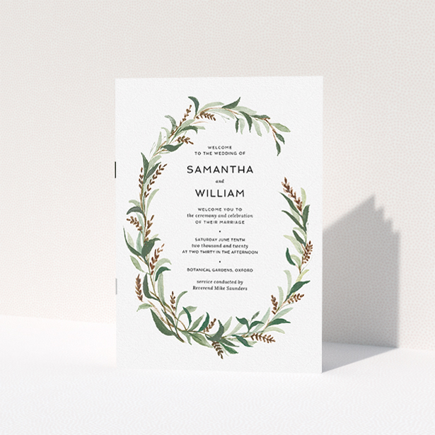 A wedding order of service design named "Winter Wreath". It is an A5 booklet in a portrait orientation. "Winter Wreath" is available as a folded booklet booklet, with tones of faded green, light brown and light green.