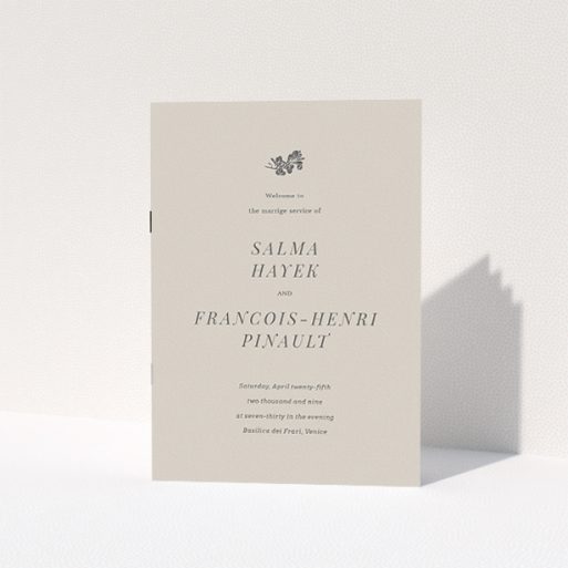 Wedding Order Of Service Design - "Woodland dusk" A wedding order of service design called "Woodland dusk". It is an A5 booklet in a portrait orientation. "Woodland dusk" is available as a folded booklet booklet, with mainly dark cream colouring.