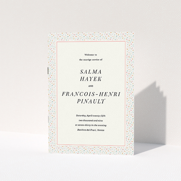 A wedding program design named "A hint of confetti". It is an A5 booklet in a portrait orientation. "A hint of confetti" is available as a folded booklet booklet, with tones of light cream and green.