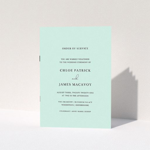 Wedding Program Design - "Baby Blue Simple" A wedding program design called "Baby Blue Simple". It is an A5 booklet in a portrait orientation. "Baby Blue Simple" is available as a folded booklet booklet, with mainly blue colouring.