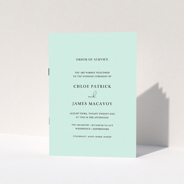 A wedding program design called "Baby Blue Simple". It is an A5 booklet in a portrait orientation. "Baby Blue Simple" is available as a folded booklet booklet, with mainly blue colouring.