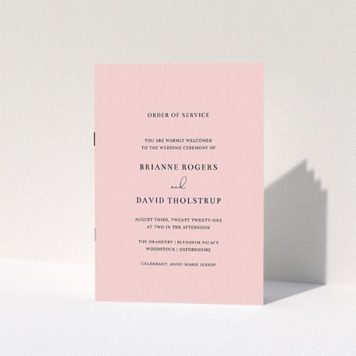 Wedding Program Design - "Baby Pink Simple" A wedding program design named "Baby Pink Simple". It is an A5 booklet in a portrait orientation. "Baby Pink Simple" is available as a folded booklet booklet, with mainly pink colouring.