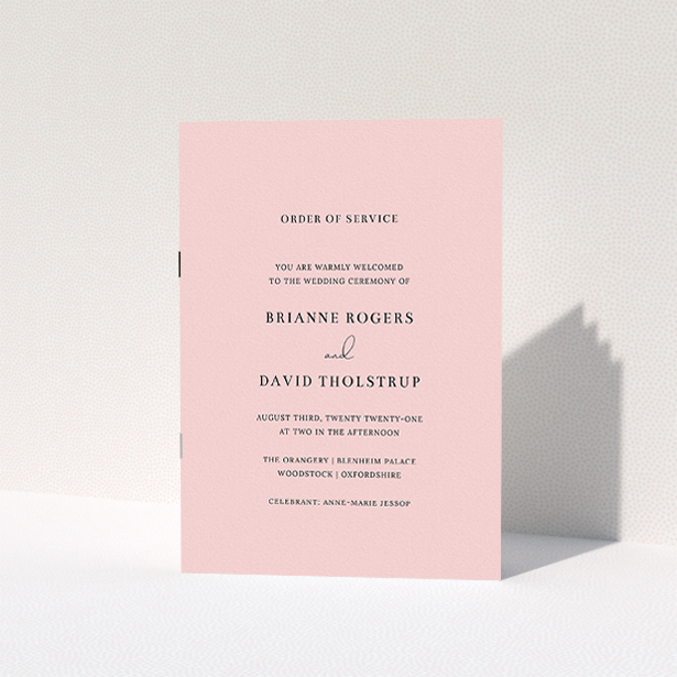 A wedding program design named "Baby Pink Simple". It is an A5 booklet in a portrait orientation. "Baby Pink Simple" is available as a folded booklet booklet, with mainly pink colouring.