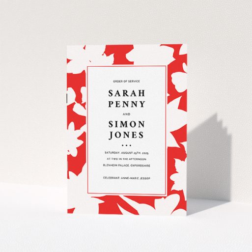 Wedding Program Design - "Bold Red Florals" A wedding program design named "Bold Red Florals". It is an A5 booklet in a portrait orientation. "Bold Red Florals" is available as a folded booklet booklet, with tones of red and white.