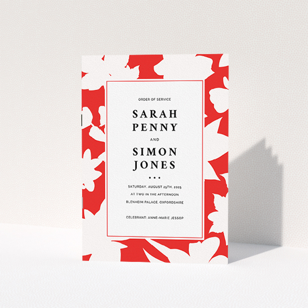 A wedding program design named "Bold Red Florals". It is an A5 booklet in a portrait orientation. "Bold Red Florals" is available as a folded booklet booklet, with tones of red and white.