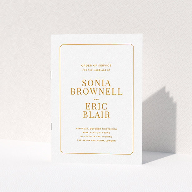 A wedding program design called "Classic face". It is an A5 booklet in a portrait orientation. "Classic face" is available as a folded booklet booklet, with tones of white and orange.