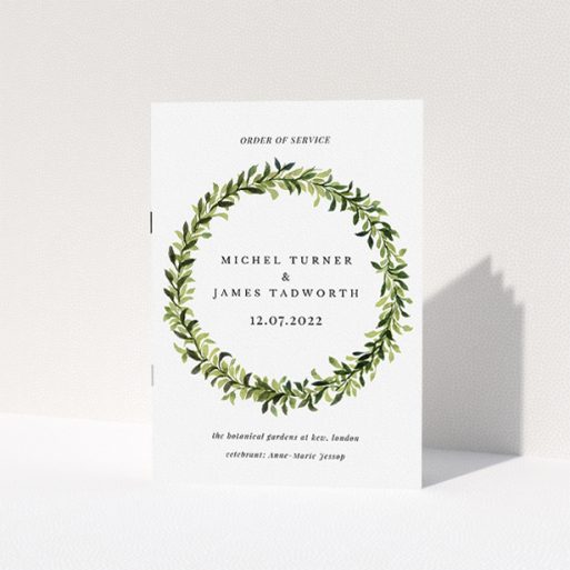 Wedding Program Design - "Classic Wreath Cover" A wedding program called "Classic Wreath Cover". It is an A5 booklet in a portrait orientation. "Classic Wreath Cover" is available as a folded booklet booklet, with tones of light green, dark green and orange.