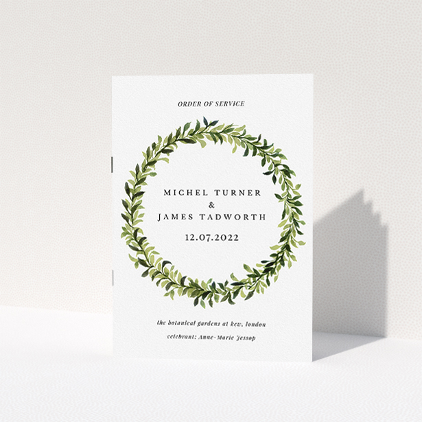 A wedding program called "Classic Wreath Cover". It is an A5 booklet in a portrait orientation. "Classic Wreath Cover" is available as a folded booklet booklet, with tones of light green, dark green and orange.