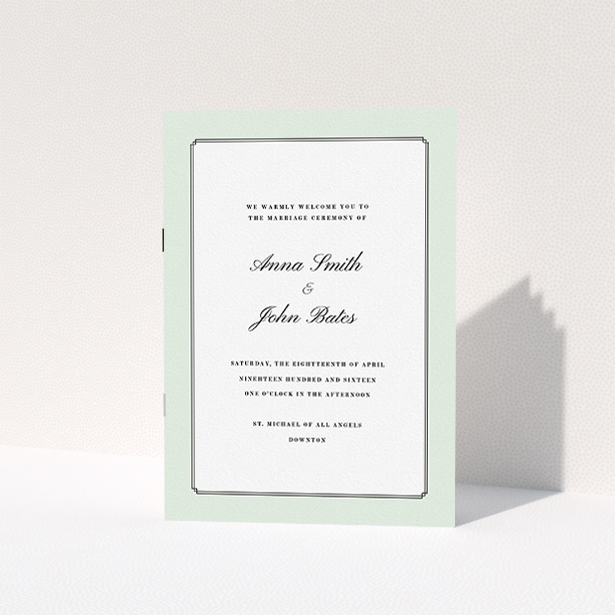 A wedding program named "Deco mint". It is an A5 booklet in a portrait orientation. "Deco mint" is available as a folded booklet booklet, with tones of green and white.