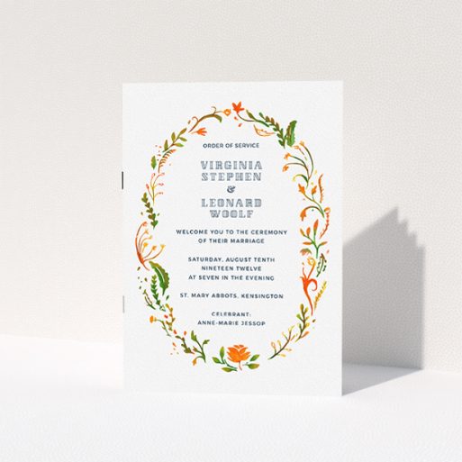 Wedding Program Design - "Deco Wreath" A wedding program named "Deco Wreath". It is an A5 booklet in a portrait orientation. "Deco Wreath" is available as a folded booklet booklet, with tones of orange, green and yellow.