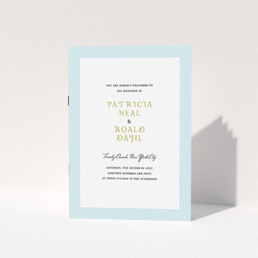 Wedding Program Design - "Duck Egg Blue" A wedding program template titled "Duck Egg Blue". It is an A5 booklet in a portrait orientation. "Duck Egg Blue" is available as a folded booklet booklet, with tones of blue and white.