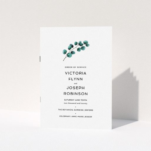 Wedding Program Design - "Eucalyptus Branch" A wedding program named "Eucalyptus Branch". It is an A5 booklet in a portrait orientation. "Eucalyptus Branch" is available as a folded booklet booklet, with tones of white and green.