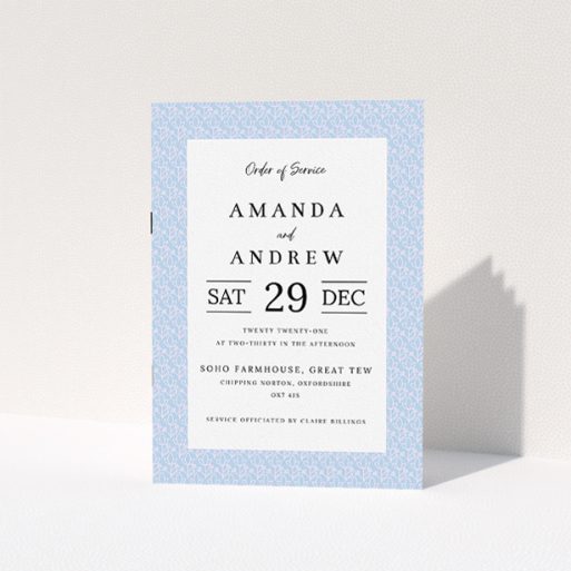 Wedding Program Design - "Flower Pattern" A wedding program called "Flower Pattern". It is an A5 booklet in a portrait orientation. "Flower Pattern" is available as a folded booklet booklet, with tones of blue and pink.