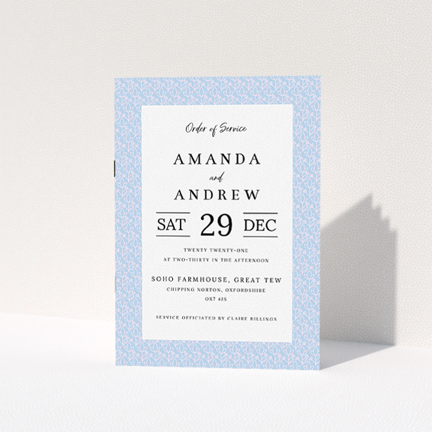 A wedding program called "Flower Pattern". It is an A5 booklet in a portrait orientation. "Flower Pattern" is available as a folded booklet booklet, with tones of blue and pink.