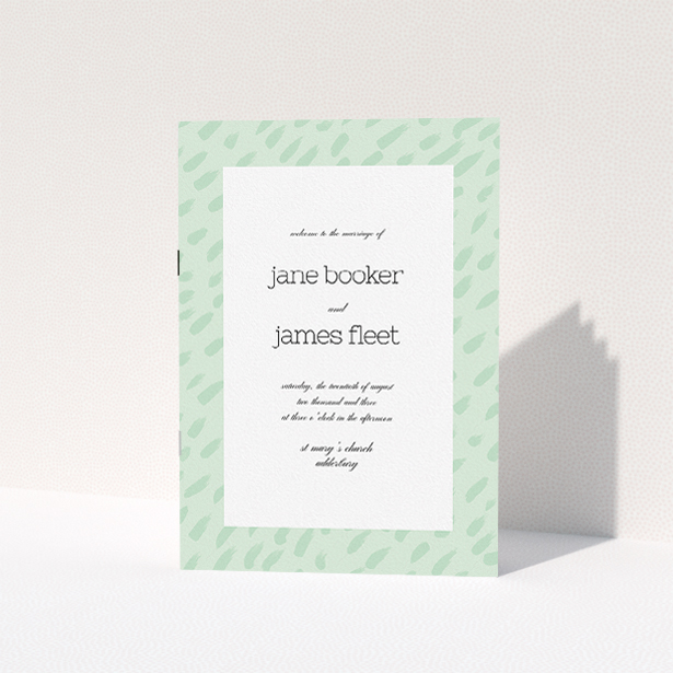 A wedding program design called "Green Strokes". It is an A5 booklet in a portrait orientation. "Green Strokes" is available as a folded booklet booklet, with tones of green and white.