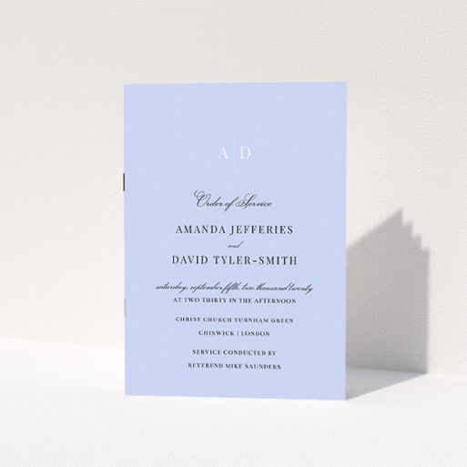 Wedding Program Design - "Light Blue Monogrammed" A wedding program called "Light Blue Monogrammed". It is an A5 booklet in a portrait orientation. "Light Blue Monogrammed" is available as a folded booklet booklet, with tones of blue and white.