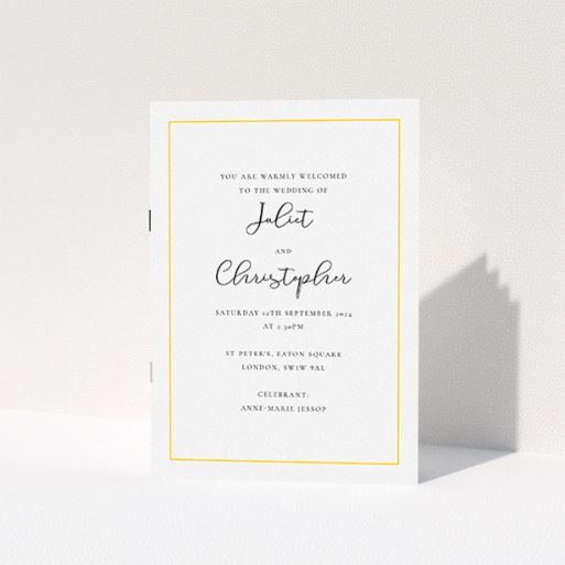 Wedding Program Design - "Modern Classic Yellow" A wedding program called "Modern Classic Yellow". It is an A5 booklet in a portrait orientation. "Modern Classic Yellow" is available as a folded booklet booklet, with tones of white and yellow.