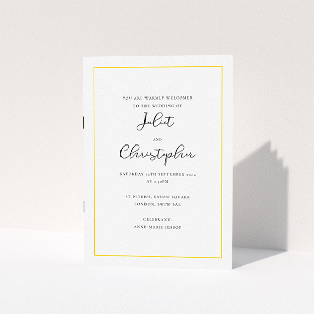 A wedding program called "Modern Classic Yellow". It is an A5 booklet in a portrait orientation. "Modern Classic Yellow" is available as a folded booklet booklet, with tones of white and yellow.