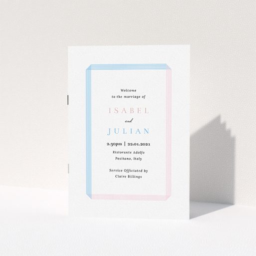Wedding Program Design - "Pink and Blue Folded" A wedding program design titled "Pink and Blue Folded". It is an A5 booklet in a portrait orientation. "Pink and Blue Folded" is available as a folded booklet booklet, with tones of blue and pink.