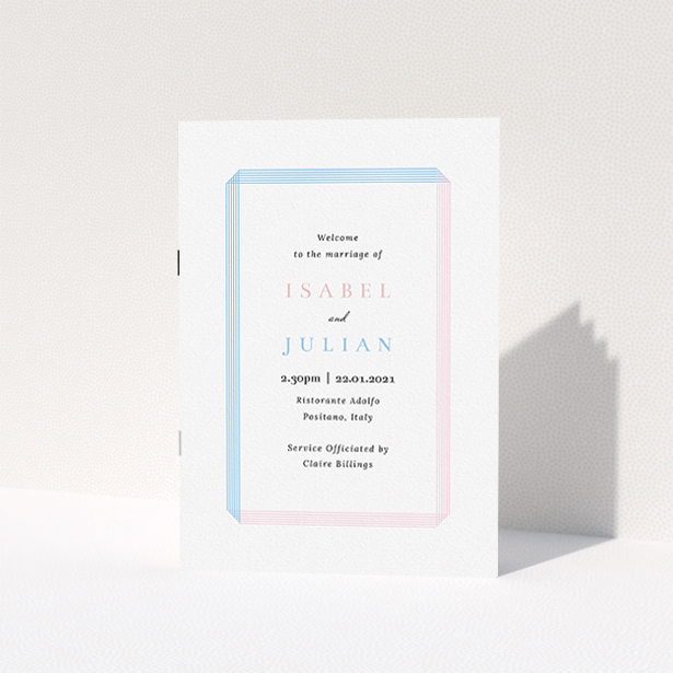 A wedding program design titled "Pink and Blue Folded". It is an A5 booklet in a portrait orientation. "Pink and Blue Folded" is available as a folded booklet booklet, with tones of blue and pink.