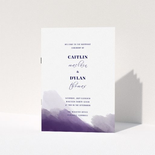 Wedding Program Design - "Purple halftone" A wedding program named "Purple halftone". It is an A5 booklet in a portrait orientation. "Purple halftone" is available as a folded booklet booklet, with mainly dark blue colouring.