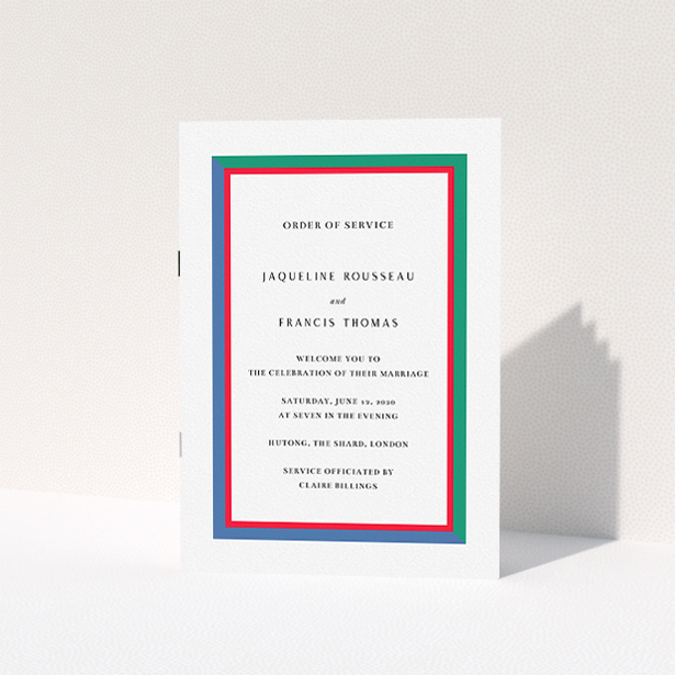 A wedding program design named "Simple Diagonal". It is an A5 booklet in a portrait orientation. "Simple Diagonal" is available as a folded booklet booklet, with mainly green colouring.