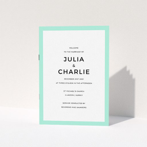 Wedding Program Design - "Simple Order of Service Mint Green" A wedding program design titled "Simple Order of Service Mint Green". It is an A5 booklet in a portrait orientation. "Simple Order of Service Mint Green" is available as a folded booklet booklet, with tones of green and white.