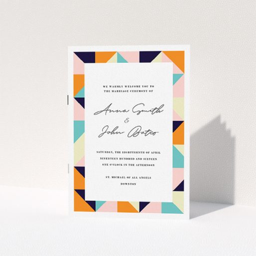 Wedding Program Design - "Sloane Squares" A wedding program named "Sloane Squares". It is an A5 booklet in a portrait orientation. "Sloane Squares" is available as a folded booklet booklet, with mainly orange colouring.