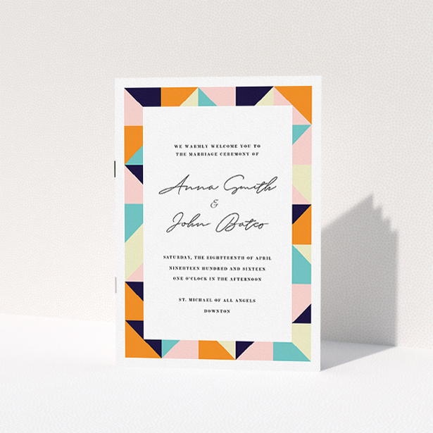 A wedding program named "Sloane Squares". It is an A5 booklet in a portrait orientation. "Sloane Squares" is available as a folded booklet booklet, with mainly orange colouring.