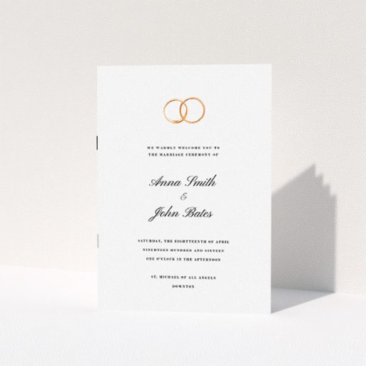 Wedding Program Design - "The newlyweds" A wedding program called "The newlyweds". It is an A5 booklet in a portrait orientation. "The newlyweds" is available as a folded booklet booklet, with tones of white and gold.