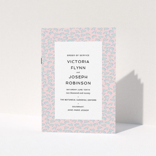 Wedding Program Design - "Tiny, Tiny Turtles" A wedding program design named "Tiny, Tiny Turtles". It is an A5 booklet in a portrait orientation. "Tiny, Tiny Turtles" is available as a folded booklet booklet, with tones of blue and pink.