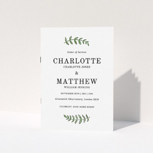 Wedding Program Design - "Top and Bottom" A wedding program named "Top and Bottom". It is an A5 booklet in a portrait orientation. "Top and Bottom" is available as a folded booklet booklet, with tones of white and green.